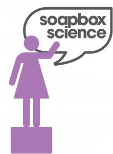 Soapbox Science Logo, featuring a female scientist on a podium in purple  and a comic strip bubble with "soapbox science" inside