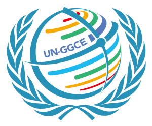 A logo of a globe with colorful stripes with laurels around it. 