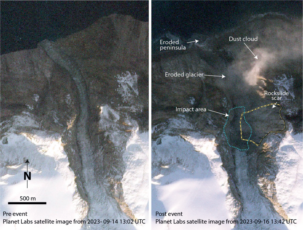 To pictures of a narrow fjord taken from above at different times.