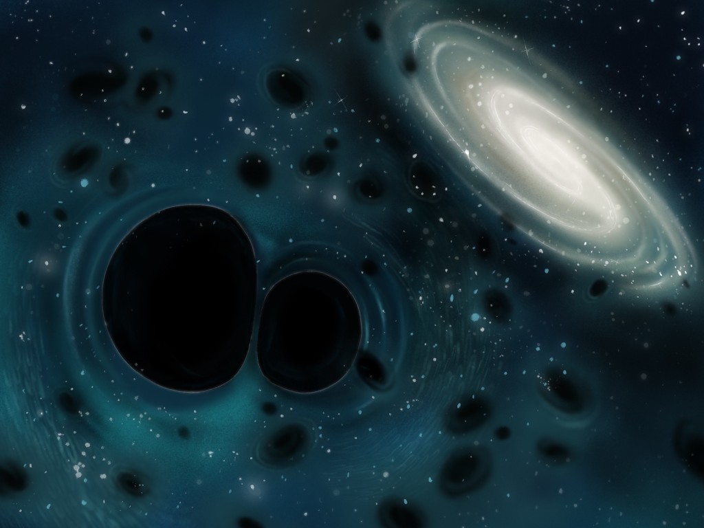 Two deformated black holes coming close together (bottom left) and a galaxy (above right)