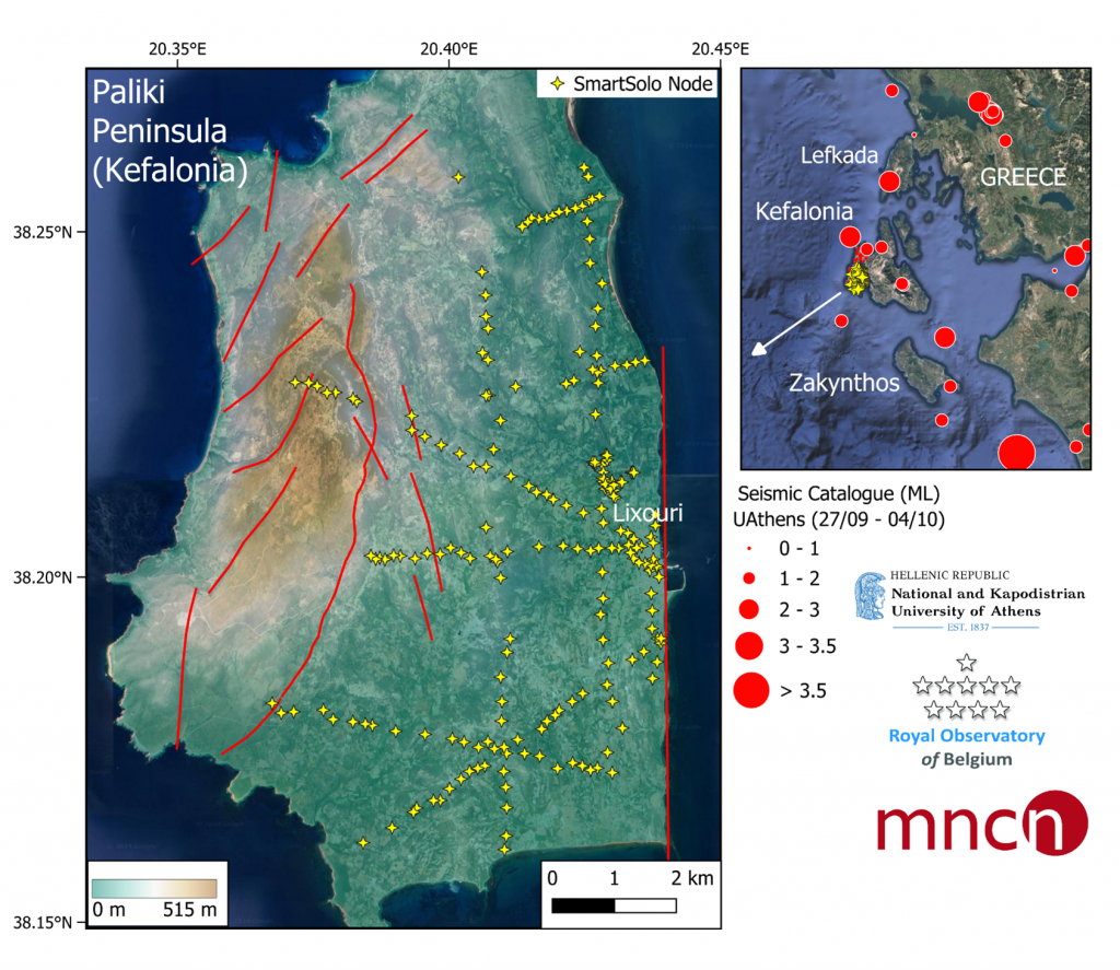 Left: map of the Paliki peninsula with yellow stars and red stripes. Right: map with red dots around Paliki in Aegean. The size of the dot represent the seismic magnitude.