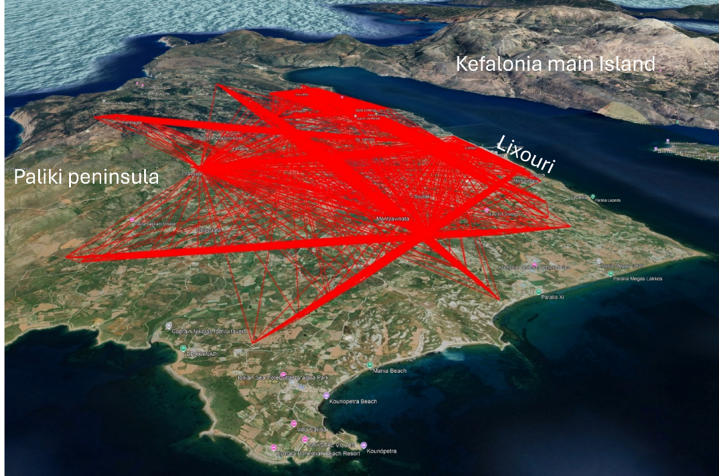 Une carte de Paliki marquée par de nombreuses bandes rouges.