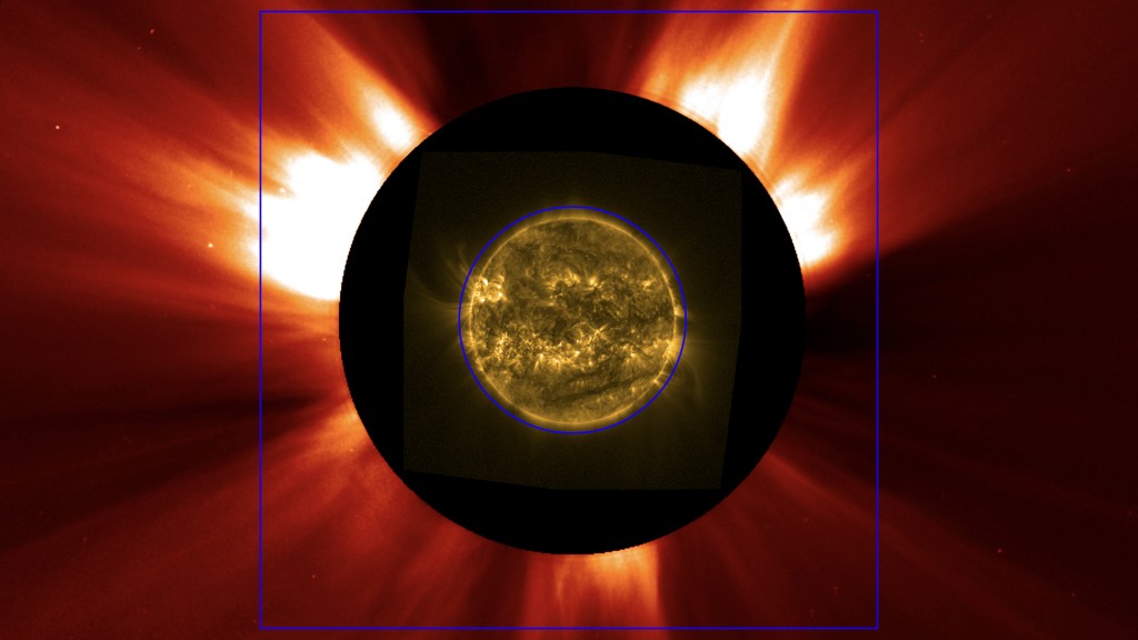 Beeld van de zon in het midden van een zwarte schijf. Zonnestralen gaan uit de zwarte schijf.