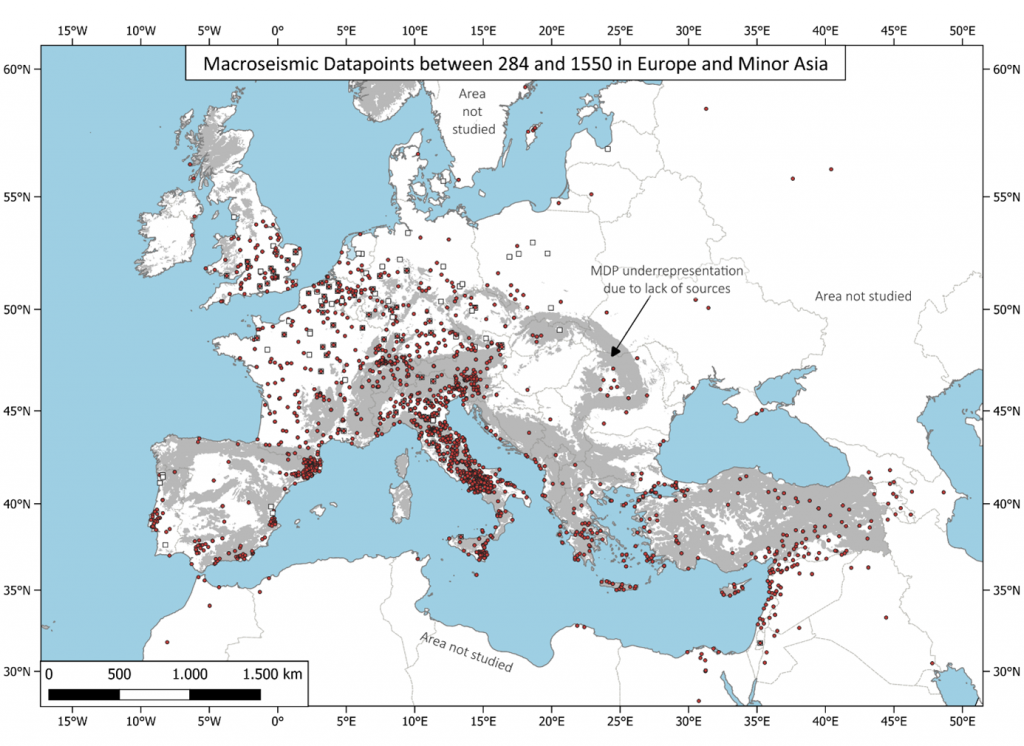 A map of Europe with red dots and gray zones