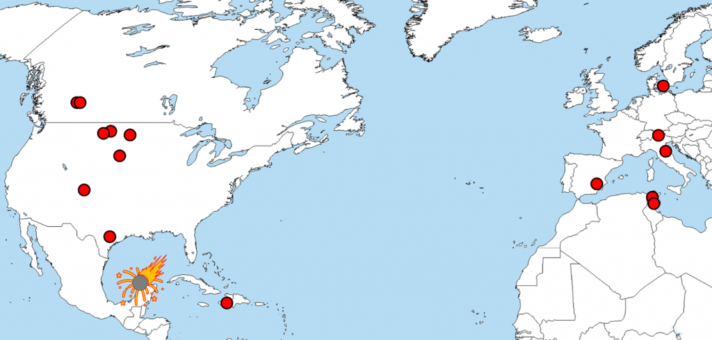 Wereldkaart met rode stippen in sommige delen van Noord-Amerika en Europa. Een grijze stip met explosiebeeld bevindt zich in het zuiden van Mexico.