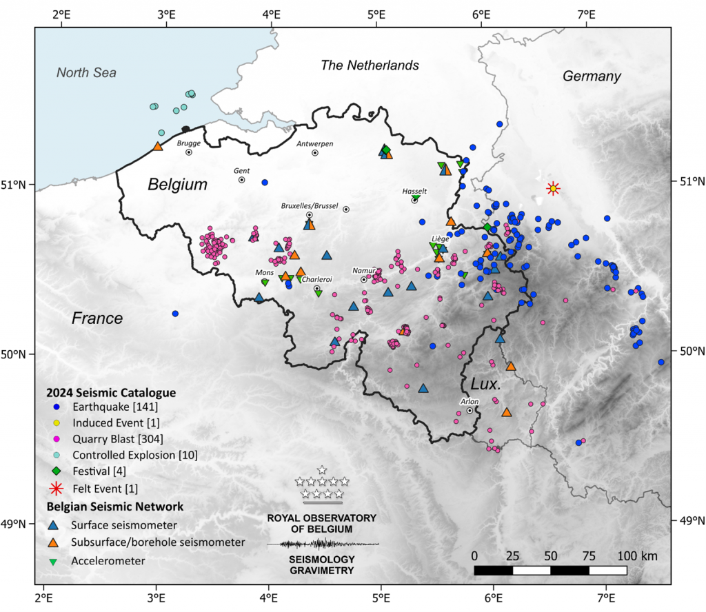 Map of Belgium and neighbouring regions on which are dots, square and triangles of different colors.