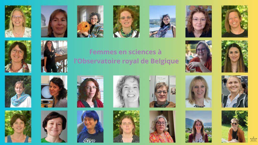 Collage de portraits de femmes autour du texte « Les femmes en sciences à l'Observatoire royal de Belgique »