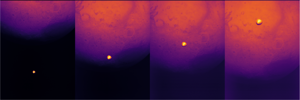 A collage of four images of a red planet with a bright dot in the foreground.